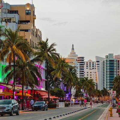 A sunset view of Ocean Drive in South Beach in Miami, Florida.