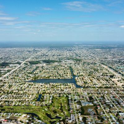 Aerial view of the residential neighborhoods in Cape Coral, Florida.