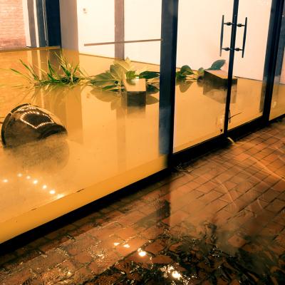 Water flowing from a flooded office during the tropical depression, Imelda, in Houston, Texas.