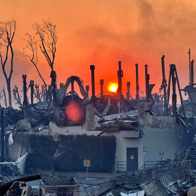 A luxury home reduced to charred pillars after the Palisades fires in Los Angeles, California.