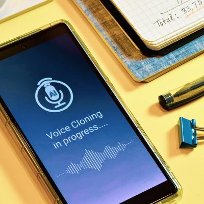 'Voice cloning in progress' displayed on a smartphone.