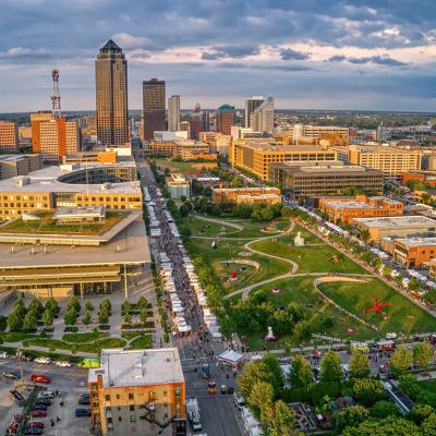 Aerial view of the Des Moines skyline in Iowa.