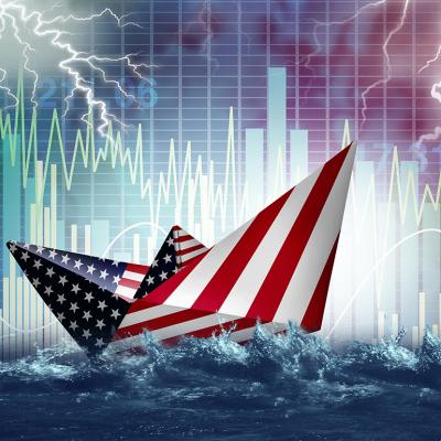 Illustration of a paper boat with the US flag as its skin with a background of finance markets and investment concepts.