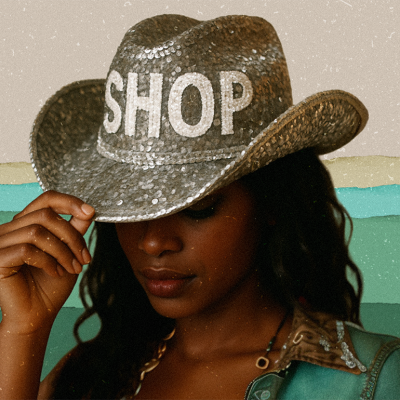 A person styled to look like Béyonce tips a silver bejeweled cowboy hat with the word "SHOP" on the front, against a gradient background of green.