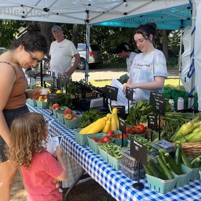 Ana Garcia, 41, and her 3-year-old son, Elliott, pick up a Food Box at a table full of colorful produce at the Goodhue Community Center on Staten Island 