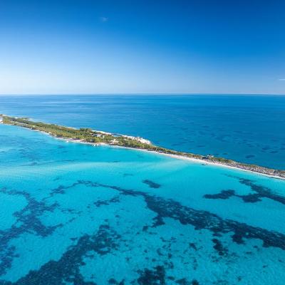 Drone panoramic view of Rose island, Bahamas, 5 kilometers east of Paradise Island.