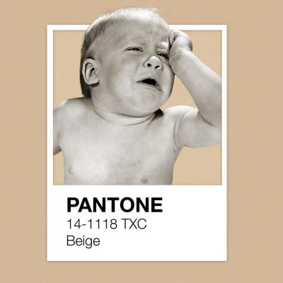 Illustration of crying baby above the pantone color card for beige, ona beige background.
