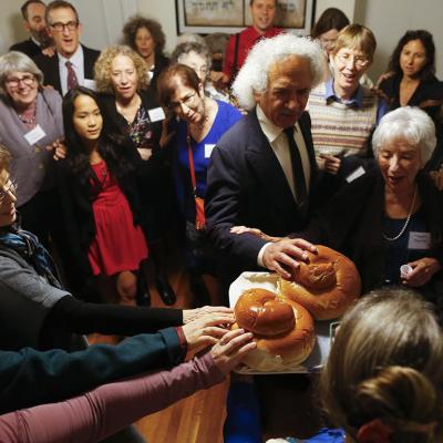 Congregation Eitz Chayim join together for the kiddush during their observance of Rosh Hashana in Cambridge, Massachusetts September 24, 2014. 