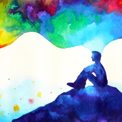 Abstract art watercolor painting illustration of person sitting on a hill with thoughts depicted in rainbow clouds floating above.