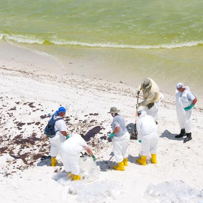 A group of BP oil workers attempt to clean sand spilled with oil in Pensacola Beach, Florida.