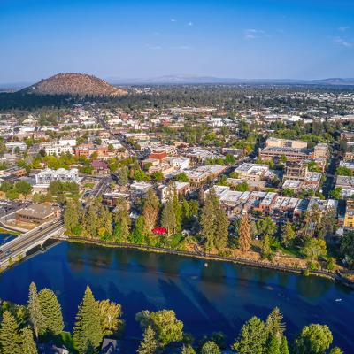 Aerial view of downtown landscape in Bend, Oregon.