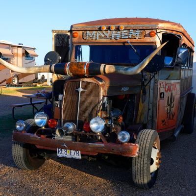 A school bus from 1939 converted into a Texas-style RV in Amarillo, Texas.
