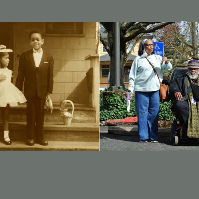 Elizabeth Fouther-Branch and Bobby Fouther stand in front of their great-aunt’s house in 1956 (left) and in a parking lot near where the house used to stand in 2020 (right).