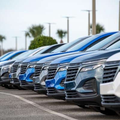 A row of Chevrolet Bolt EUV utility vehicles on a car dealership's parking lot.