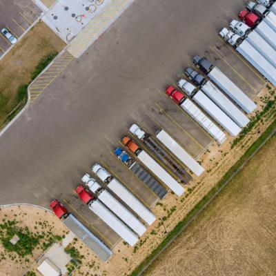 Aerial view of a truck parking lot.