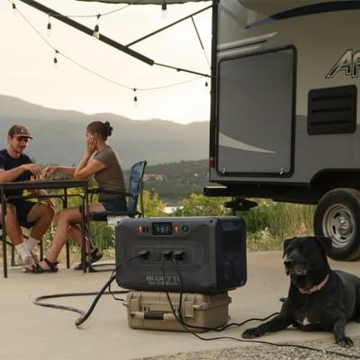 Couple at a table with a dog camping next to an RV.