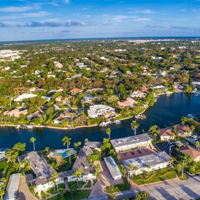 Aerial view of beachside residential homes in Naples, Florida.