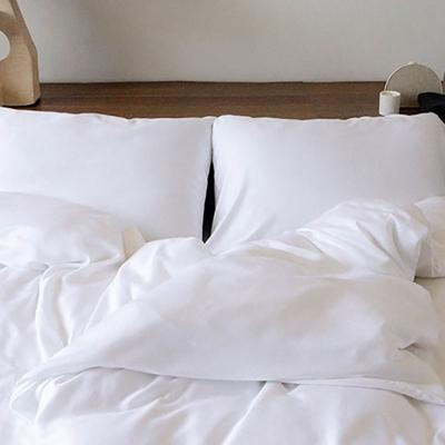 A double size bed with white sheets.