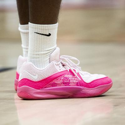 A detailed view of the KD 16 Aunt Pearl basketball shoes worn by Barry Brown Jr #55 of Umana Reyer Venezia during the LBA Lega Basket Serie A Round 8 match Novermber 2023 in Italy.