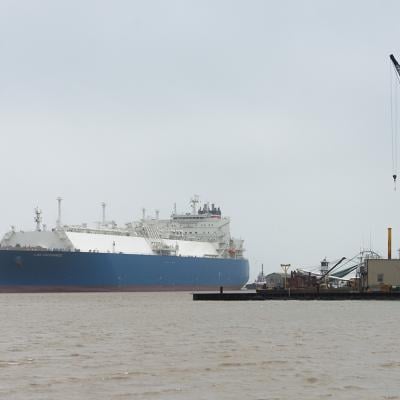 An LNG tanker makes its way into Cameron Pass, Louisiana.