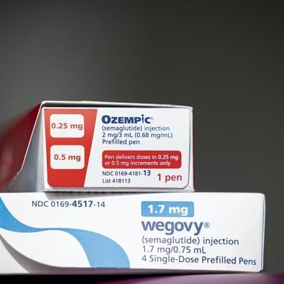 Stack of Ozempic box on top of Wegovy medications are seen at Children's Hospital in Aurora, CO November 2024.
