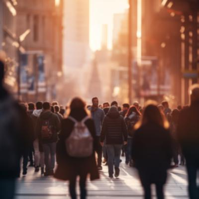 A crowd of people walking in a city street during sunset.