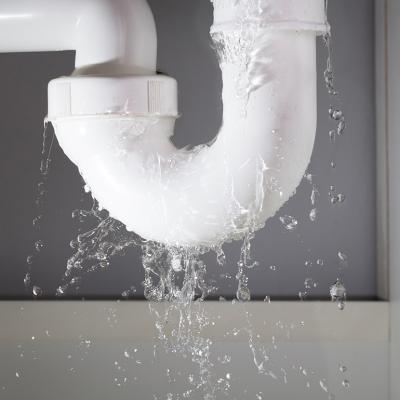 Close-up of a water pipe from under the sink leaking.