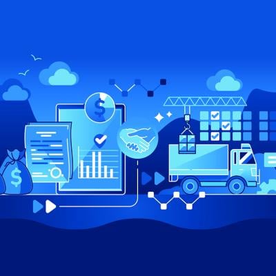 Vector illustration of procurement and product supply concept such as trucks, finance reports, files.