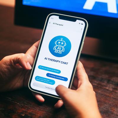 A smartphone showing an AI therapy app conversation.