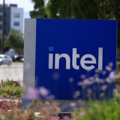 The blue Intel logo is displayed on a sign in front of Intel headquarters on July 16, 2025 in Santa Clara, California.
