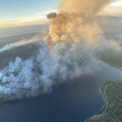 An aerial view of the Wesley Ridge wildfire on Vancouver Island in British Columbia, Canada on August 1, 2025.
