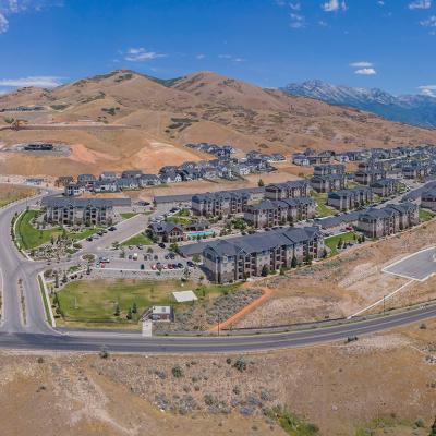 Aerial view of homes by the mountains in Lehi, Utah.