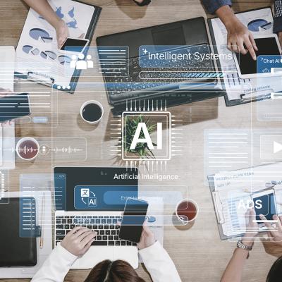 A business team meeting at a table illustrated with AI holographic effects.