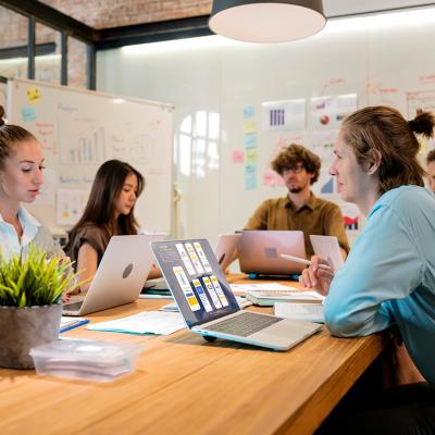 A creative team brainstorming during a meeting.