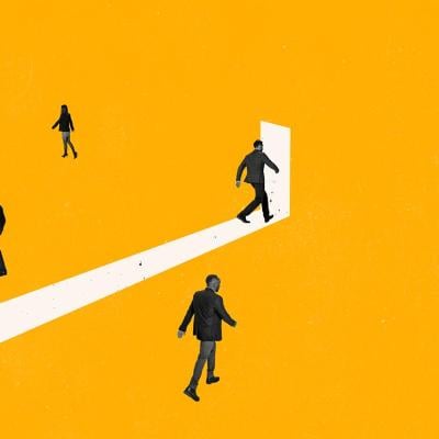 Concept of truth telling illustrated by leader in business suit walking toward the light in a doorway while other people are wandering lost.