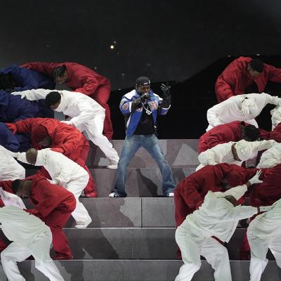 Kendrick Lamar on stage during his Super Bowl LIX Halftime Show.