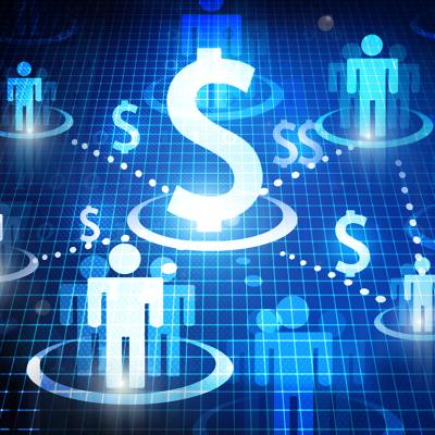 Conceptual illustration showing a dollar sign surrounded with figures of humans connected to each other; concept of crowdfunding.