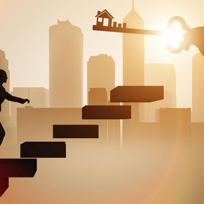 Illustration of a businesswoman walking up stairs to reach a figure of a house key.