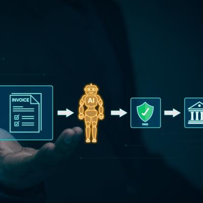A set of graphics showing an automated invoice software process using AI.