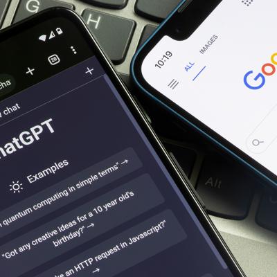 Phones side-by-side with open tabs showing ChatGPT and Google.