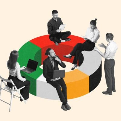 Collage of a group of employees sitting on a roundtable that looks like a pie chart.
