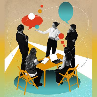 A collage-style illustration of a team meeting, working together on a new project.