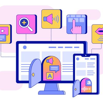 Vector illustration depicting digital accessibility with monitors showing various accessibility services or functions from a computer.