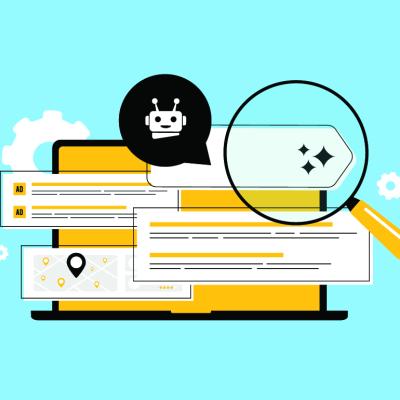 Vector illustration depicting generative engine optimization (GEO) for AI-driven searches.