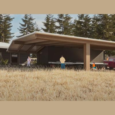 A rendering of a shed as part of Yunesit'in wildfire-resilient house.