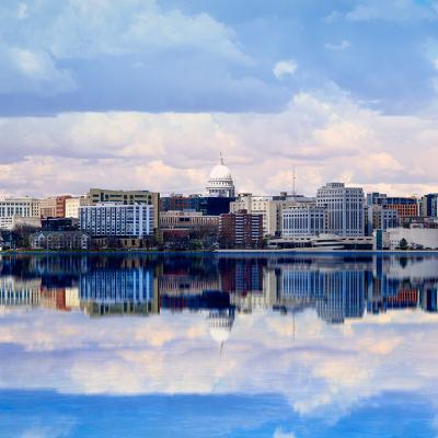 City skyline view from Lake Monona in Madison, Wisconsin.