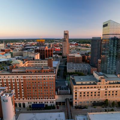 Aerial view of downtown Grand Rapids during sunset.