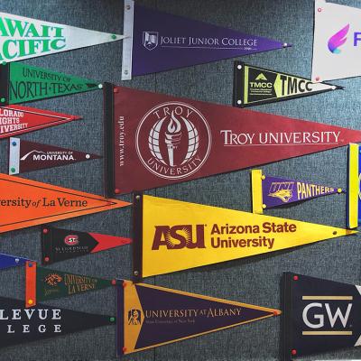 Pennant flags of US colleges and universities on a wall.