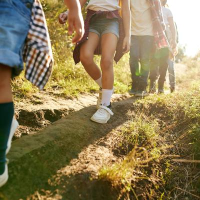Close up of young campers' legs as they hike downhill in a forest path.