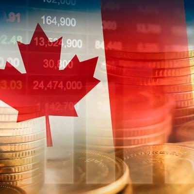Canadian flag with an overlay of stock market graphics.